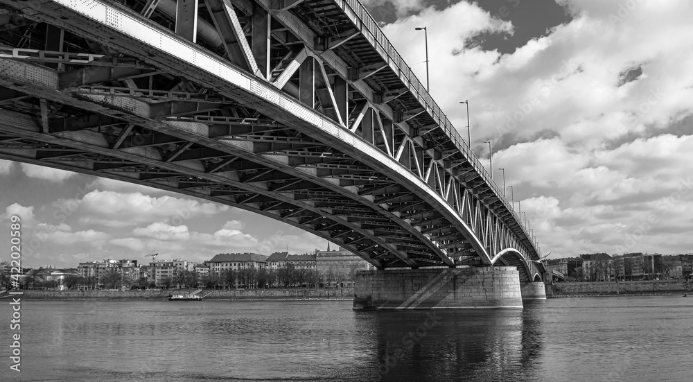 Bridge in Budapest over the Danube river in black and white style Bridge in Budapest over the Danube river in black and white style