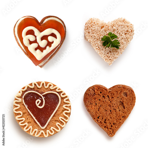 Collection of cookies in the shape of heart on the white