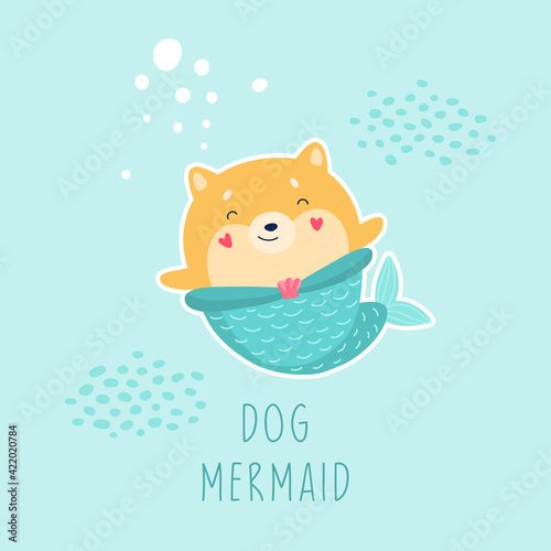Cute mermaid dog, fantastic underwater world. Cartoon print for T-shirts, postcards. Vector illustration for children.