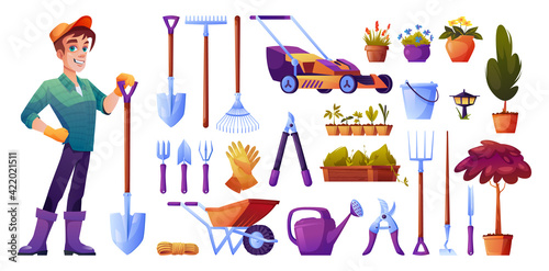 Gardening tools isolated set. Vector seedling and water can, cutters and fertilizer, rubber gloves and pitchfork, wheelbarrow and man gardener with shovel. Rakes and bucket, potted flowers, plants