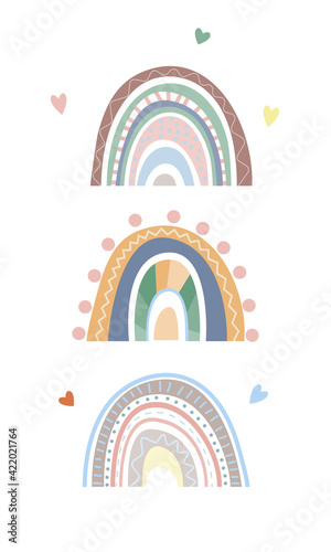 Rainbow collection in boho style, pastel colors. Abstract Hand drawn prints. Minimalist Scandinavian rainbow with various decorative elements of doodles, lines, heart. Romantic design. Vector