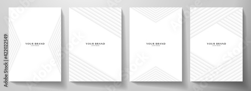 Modern white cover, frame design set. Creative abstract with diagonal dynamic line pattern (stripe) on background. Premium vector collection for business brochure, catalog template, booklet layout