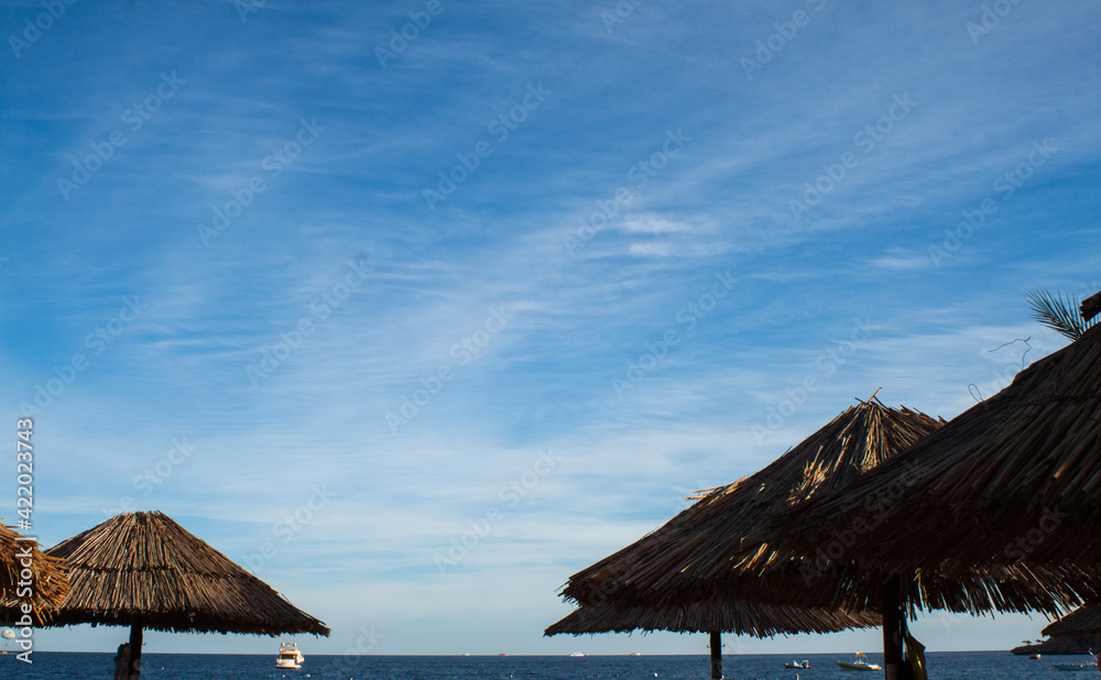 Straw beach umbrella against a clear blue sky with a palm tree. Red Sea, Sharm El Sheikh, Egypt, Africa