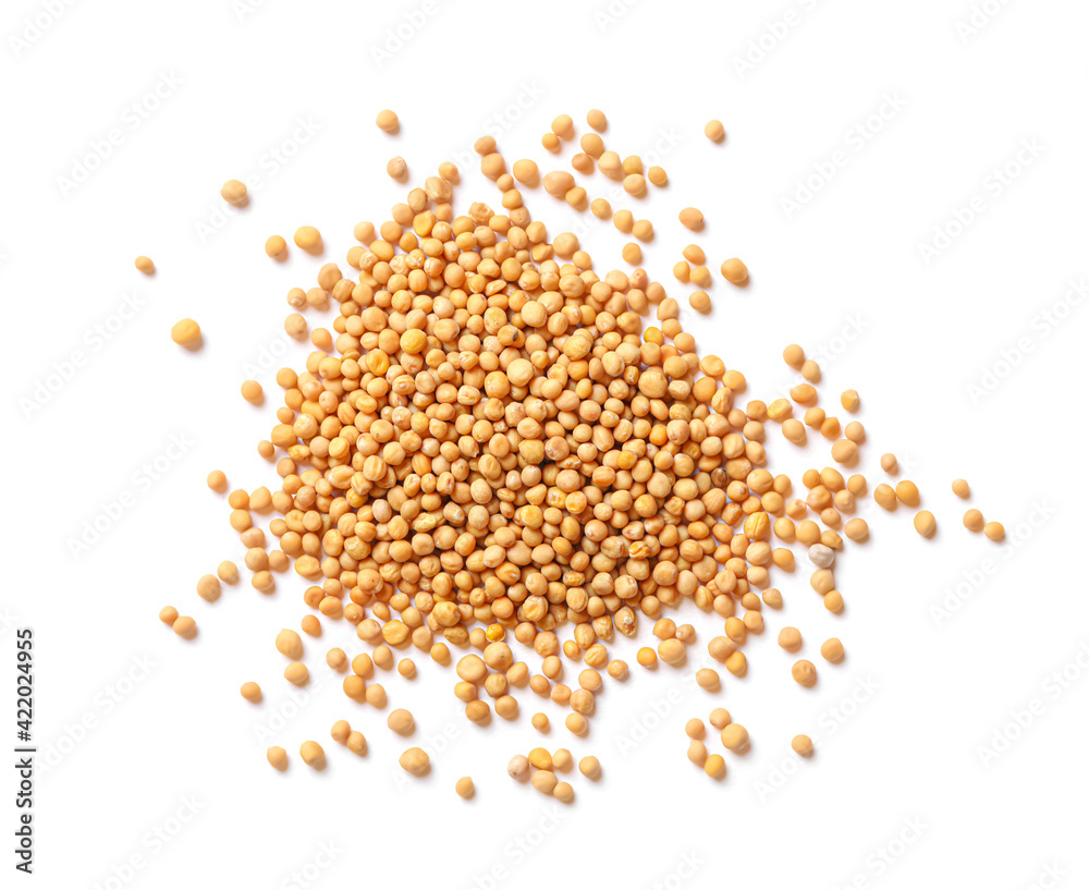 Mustard seeds on white background, top view Mustard seeds on white background, top view