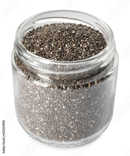 Glass jar with chia seeds isolated on white