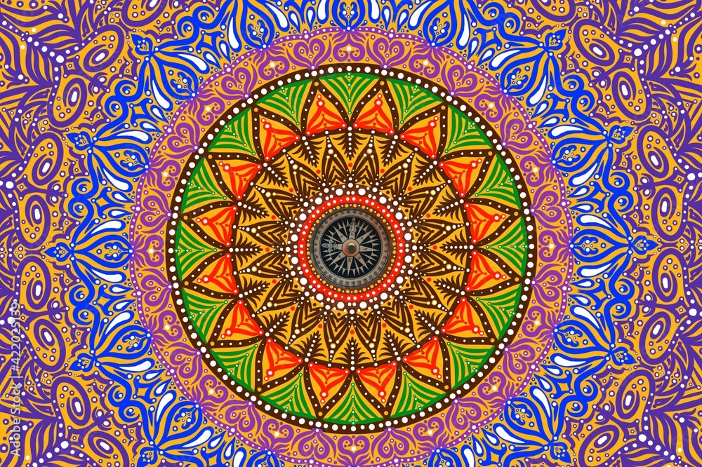 Colorful floral mandala ornament Hand drawing. Compass and colorful texture mandalas. Digital art illustration