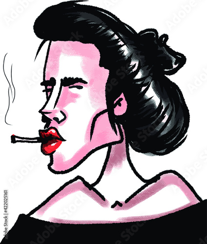 vector illustration of young pretty woman smoking. caricature