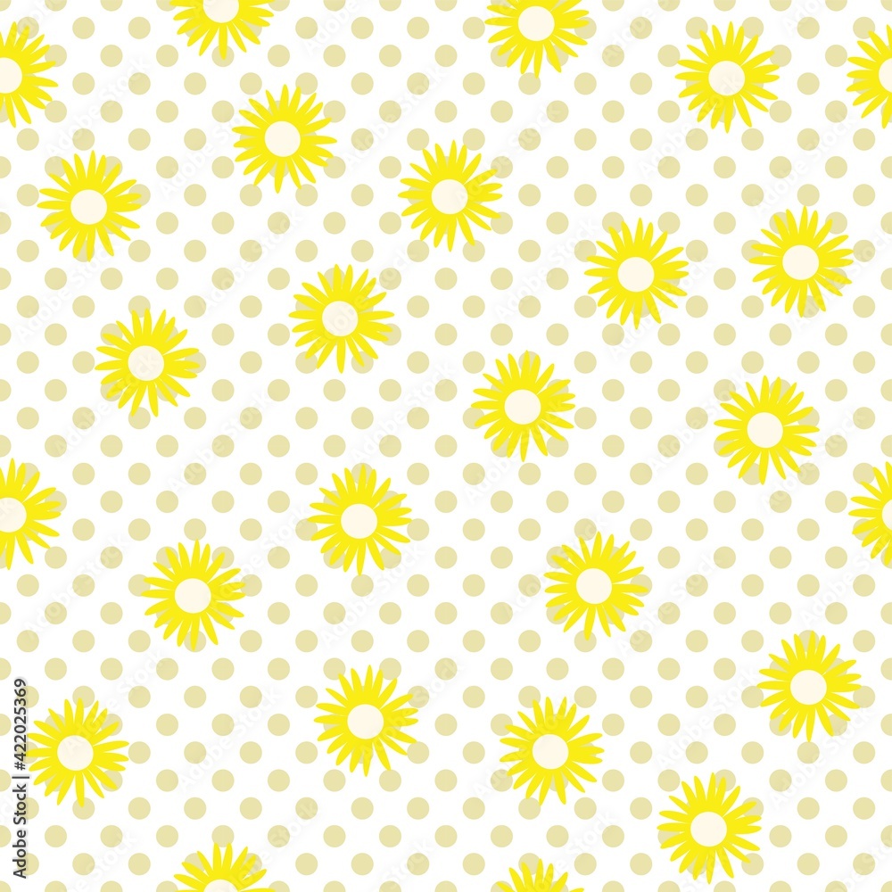seamless pattern with yellow flowers, vector drawing sunflowers on polka dot design seamless pattern with yellow flowers, vector drawing sunflowers on polka dot design