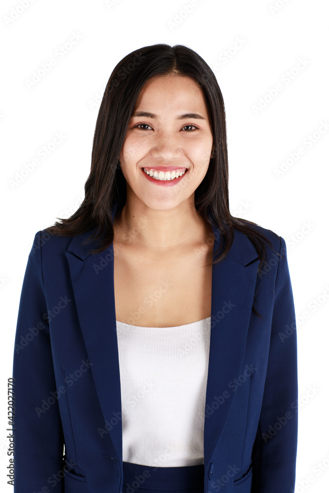 Portrait studio shot of a young friendly face and beautiful Asian woman in dark blue office business suit standing with friendly smile face pose to camera isolated on white background Portrait studio shot of a young friendly face and beautiful Asian woman in dark blue office business suit standing with friendly smile face pose to camera isolated on white background