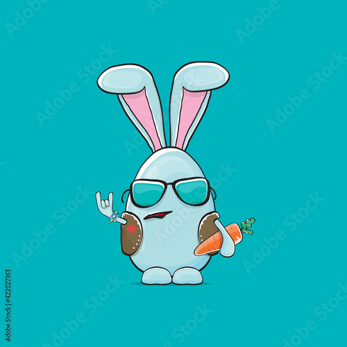Easter bunny badass and funny cartoon character with bunny ears isolated on blue background. rock n roll easter party poster or happy easter greeting card with blue rabbit