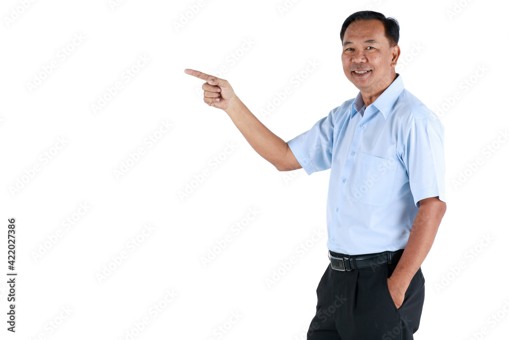 A kindly face and warm character ole senior Asian man with a friendly and happy smile standing and pose to camera isolated on white background and pointing finger to blank space A kindly face and warm character ole senior Asian man with a friendly and happy smile standing and pose to camera isolated on white background and pointing finger to blank space
