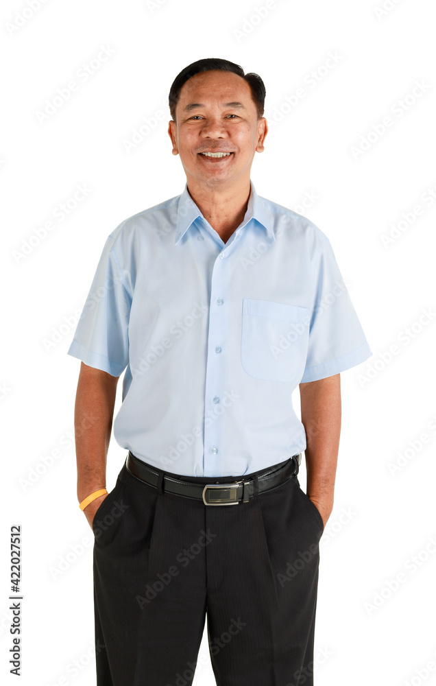 Fototapeta premium A kindly face and warm character ole senior Asian man with a friendly and happy smile standing and pose to camera isolated on white background with hands in pocket and looking to camera.