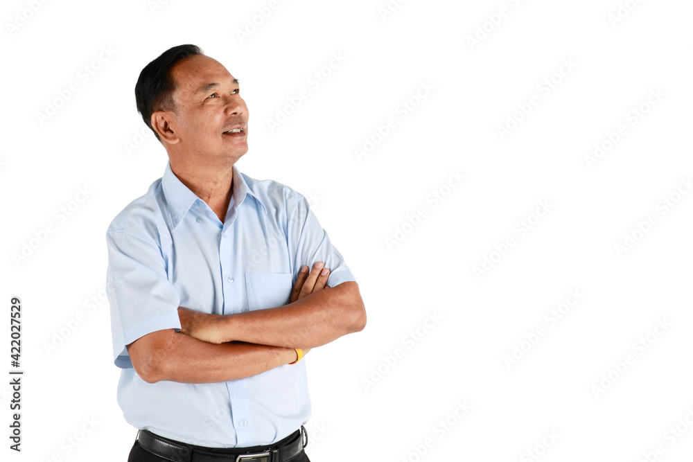 A kindly face and warm character ole senior Asian man with a friendly and happy smile standing and pose to camera isolated on white background with hands crossed on chest A kindly face and warm character ole senior Asian man with a friendly and happy smile standing and pose to camera isolated on white background with hands crossed on chest
