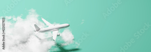 Top view air plane on green background. Creative minimal concept. 3d rendering