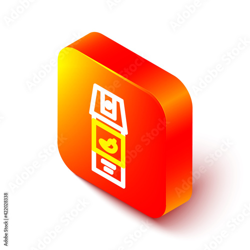 Isometric line Pepper spray icon isolated on white background. OC gas. Capsicum self defense aerosol. Orange square button. Vector