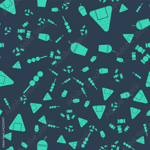 Set Milkshake, Onigiri, Meatballs on wooden stick and Candy on seamless pattern. Vector