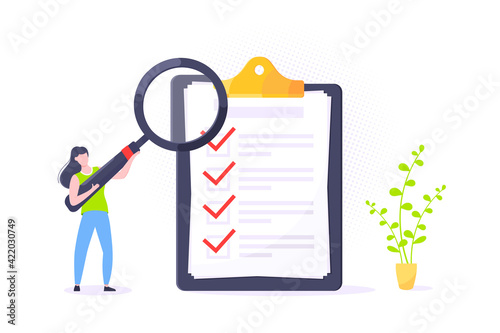 Checklist complete business concept tiny person with megaphone, magnifying glass nearby giant clipboard.