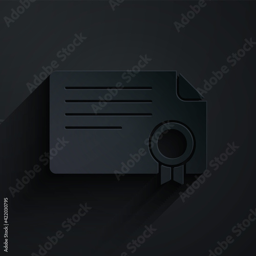 Paper cut Certificate template icon isolated on black background. Achievement, award, degree, grant, diploma concepts. Paper art style. Vector