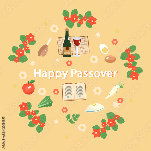 Traditional set for the holiday of Passover. Flat  cartoon style. Collection of images of seder  wine  matzo  food  flowers  star of David vector illustration.