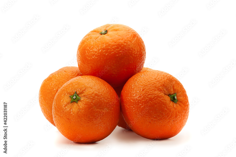Several oranges lie on a white background with a shadow Several oranges lie on a white background with a shadow
