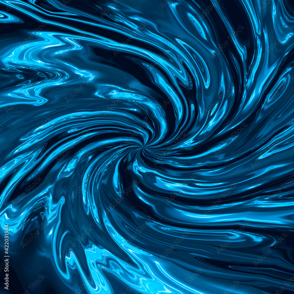 Liquid aqua water tunnel. Underwater corridor, blue neon waves, water stripes. Blue neon dark abstraction. Luminous futuristic abstract neon tunnel, blue neon background. 3d illustration