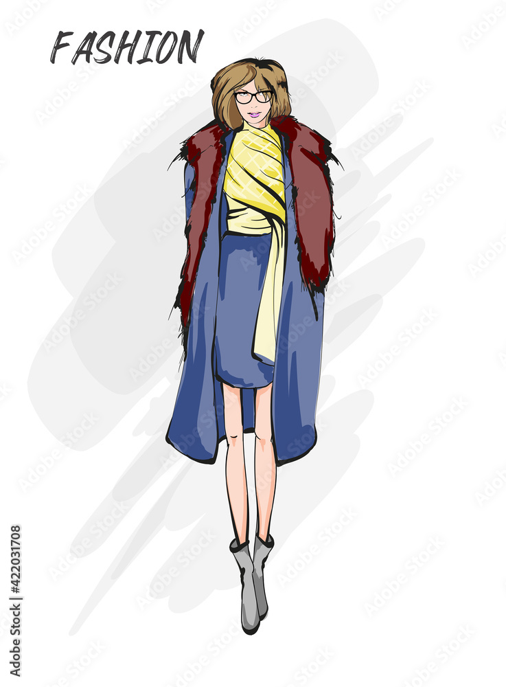 Young beautiful woman in spring clothes. Sale concept. Hand-drawn fashion illustration