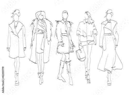 Beautiful young women in modern style.. Hand drawn stylish woman portrait. Fashion lady. Autumn outfit. Sketch set. Fashion model posing in coat. Hand drawn fashion woman.