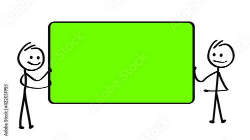Chromakey, green screen background with face mask. Stickman hold a billboard. Drawing cartoon person and board sign. Empty or blank communication signboard.