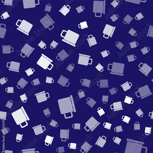 White Camping metal mug icon isolated seamless pattern on blue background. Vector