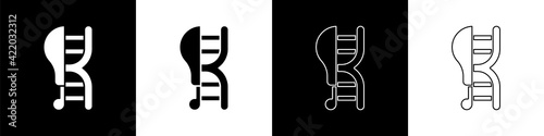 Set Genetically modified chicken icon isolated on black and white background. Syringe being injected to chicken. Vector
