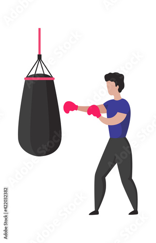 Man boxing. Sport training concept. Cartoon athletic fighter beating punching bag with gloves. Young sportsman practicing hits, character learning to fight. Vector kickboxing workout
