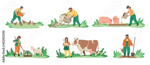 Agriculture workers. Cartoon farmers feeding domestic animals, planting crops and flowers. Men and women working in garden. People breed livestock and poultry. Vector rural scenes set