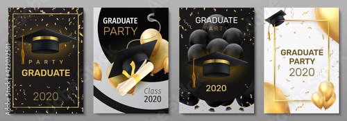 Graduation cards. Invitation and congratulation banners. Greeting postcards with black caps and degree diplomas, realistic balloons or confetti. Vector flyers set for graduate ceremony photo