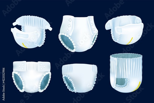 Baby diaper. Realistic 3D nappy. Breathable underpants. Underclothes set for patients and children urinary incontinence. Comfortable disposable filler absorbing pee. Vector kid hygiene