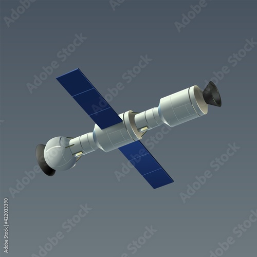 Space automatic satellite. Realistic 3D international orbital station drifting in cosmos. Connected modules and solar panels. Vector orbiter for cosmic exploration flying around Earth