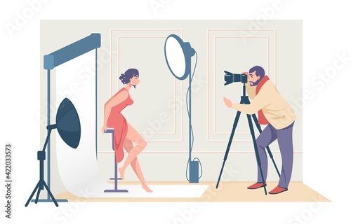 Cartoon photographers shooting model. Man taking pictures with professional camera and light equipment. Woman posing in photo studio, making photography, fashion and beauty vector concept