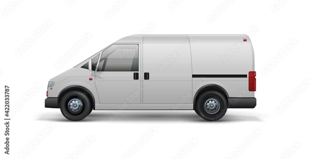 Delivery transport. Realistic van for shipping food and packages. 3D white wagon, automobile for orders transportation. Truck carries goods from warehouse to customers. Vector vehicle