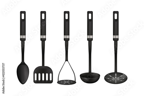 Cooking tools. 3D realistic utensil. Types set of household appliances for preparing food. Black spoon and spatula or ladle. Isolated kitchenware. Vector cookers equipment for cuisine