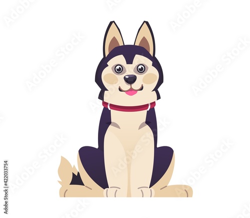 Cartoon dog. Happy puppy in red collar. Isolated domestic animal sits. Pet of hunting or guard breed. Husky with black fur on back and white belly. Vector sheep-dog sticking out tongue