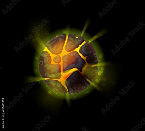 Fantasy asteroid. Cartoon planet with fiery surface. Fictional glowing magmatic galactic object, light beams beating from within. Epicenter of explosion. Vector universe exploration