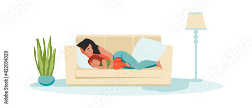 Mother and kid sleeping. Cartoon daughter and mom embracing snoozing on couch. Daytime sleep of girl with parent. People hugging and lying on sofa. Vector woman with kid spend leisure time