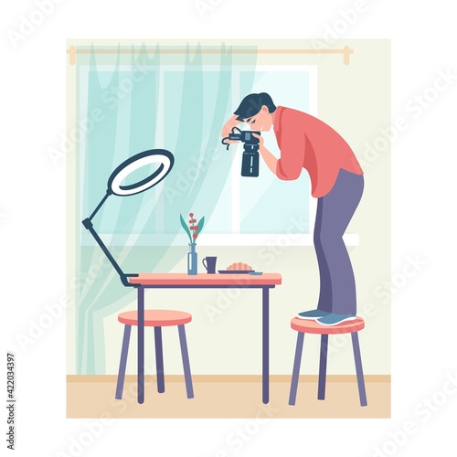 Photo studio. Cartoon woman taking pictures standing on chair. Young female shooting photographs of serving table with professional camera and light equipment. Vector culinary blogger
