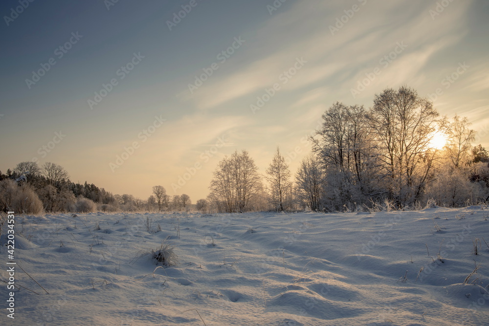 Beautiful snowy winter landscape panorama with sun. Beautiful snowy winter landscape panorama with sun.