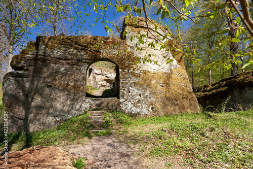 Burgruine der Felsenburg Rothenhahn im Naturpark Haßberge, oberhalb des Ortes Eyrichshof, Ebern, Landkreis Hassberge, Unterfranken, Franken, Bayern, Deutschland photo