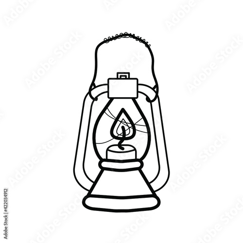 Linear vector image kerosene lamp for camping sketch printable black and white picture