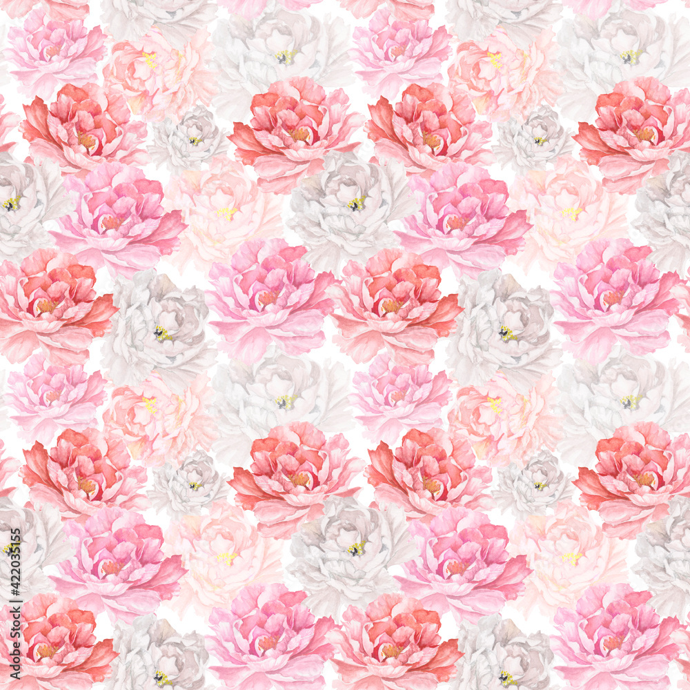 seamless floral pattern. Floral watercolor ornament, seamless pattern with hand drawn flowers, roses, peonies, rose hip for textiles, wallpaper, wedding pictures and invitations