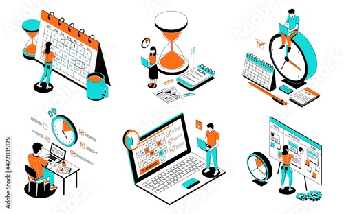 Task schedule. Office people organize effective work. Employees making timetable of meetings and events using electronic app or writing goals on whiteboard or organizer. Vector planning