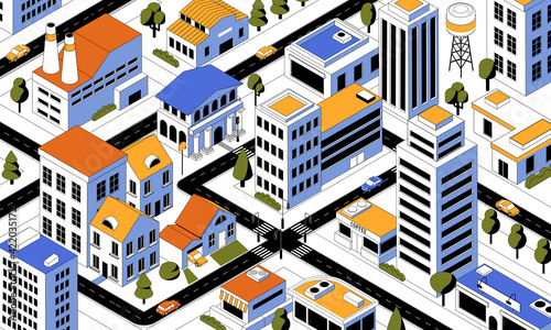 Isometric city. Top view of districts and roads. Cartoon buildings and highways. Facades of multistory houses or streets with crosswalk and traffic lights. Vector cityscape illustration