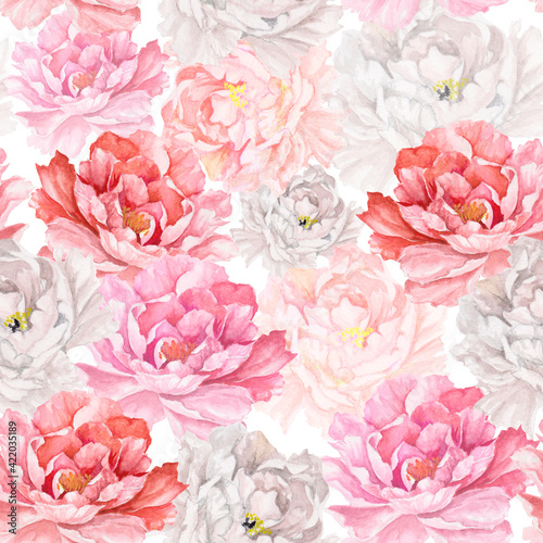 seamless pattern with pink flowers. Floral watercolor ornament, seamless pattern with hand drawn flowers, roses, peonies, rose hip for textiles, wallpaper, wedding pictures and invitations