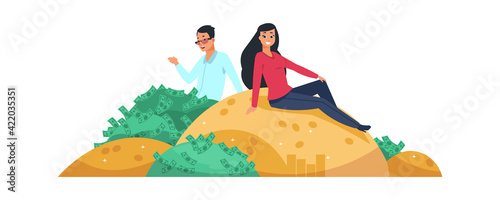 Rich people. Vector couple man and woman sitting on gold mount and bunch of money. Financial success cartoon concept. Lucky businessman makes profit, young millionaire characters
